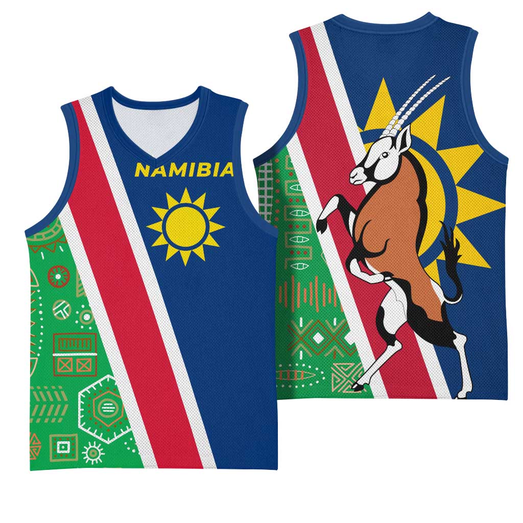 Namibia Gemsbok Basketball Jersey Flag Design with African Patterns - African Pride