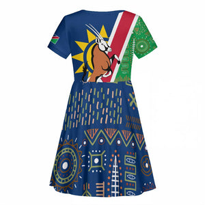 Namibia Gemsbok Kid Short Sleeve Dress Flag Design with African Patterns