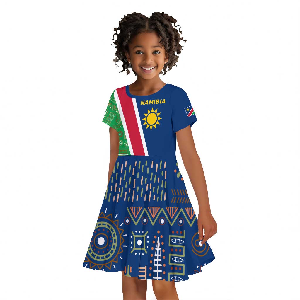 Namibia Gemsbok Kid Short Sleeve Dress Flag Design with African Patterns
