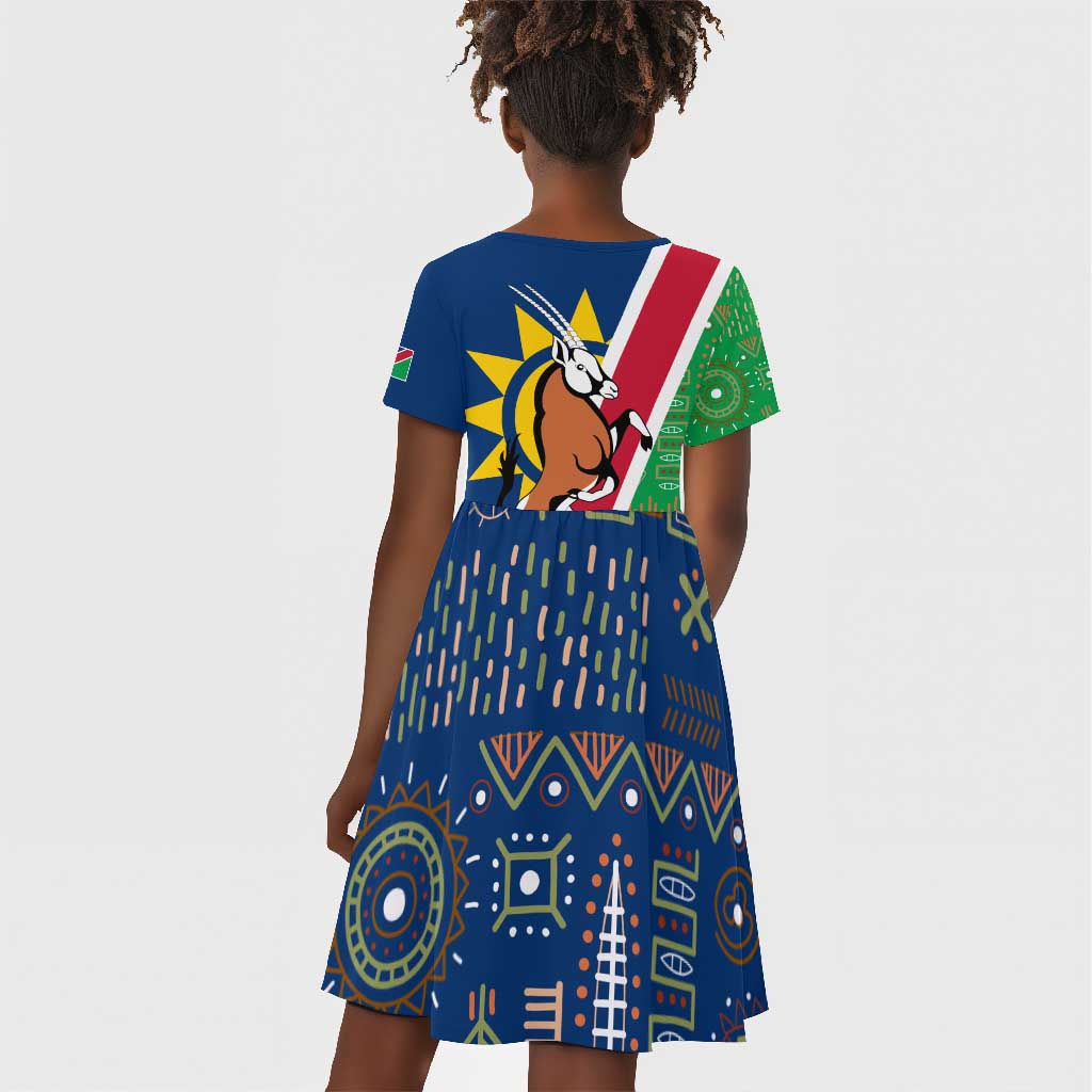 Namibia Gemsbok Kid Short Sleeve Dress Flag Design with African Patterns