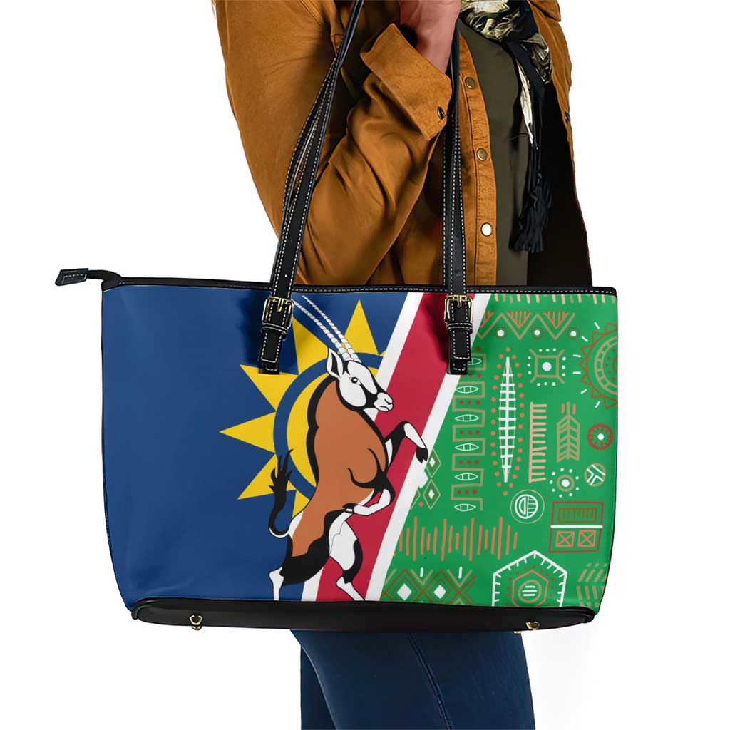 Namibia Gemsbok Leather Tote Bag Flag Design with African Patterns
