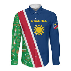 Namibia Gemsbok Long Sleeve Button Shirt Flag Design with African Patterns