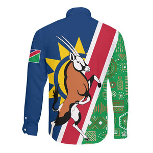 Namibia Gemsbok Long Sleeve Button Shirt Flag Design with African Patterns