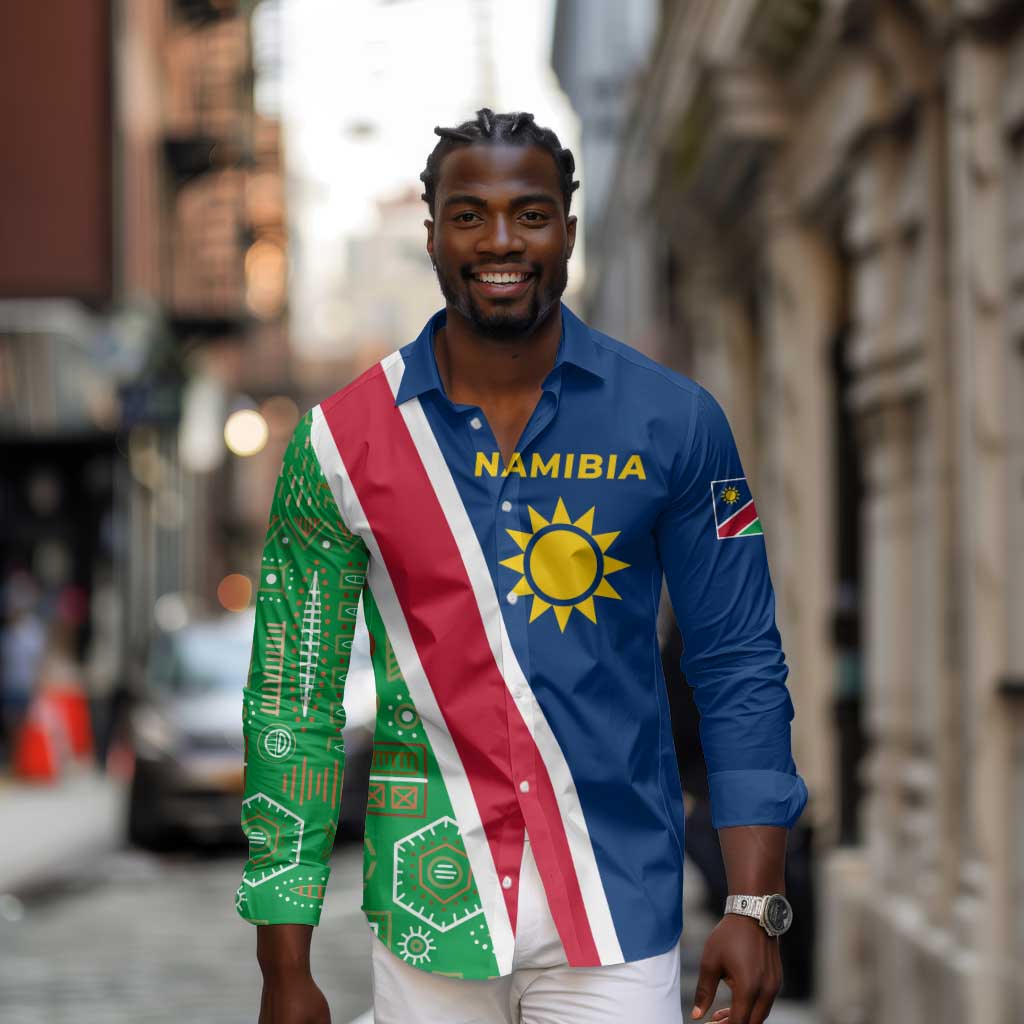 Namibia Gemsbok Long Sleeve Button Shirt Flag Design with African Patterns