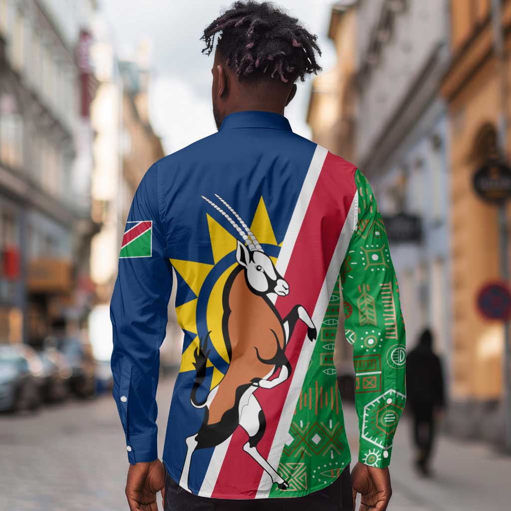 Namibia Gemsbok Long Sleeve Button Shirt Flag Design with African Patterns