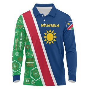 Namibia Gemsbok Long Sleeve Polo Shirt Flag Design with African Patterns
