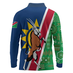 Namibia Gemsbok Long Sleeve Polo Shirt Flag Design with African Patterns