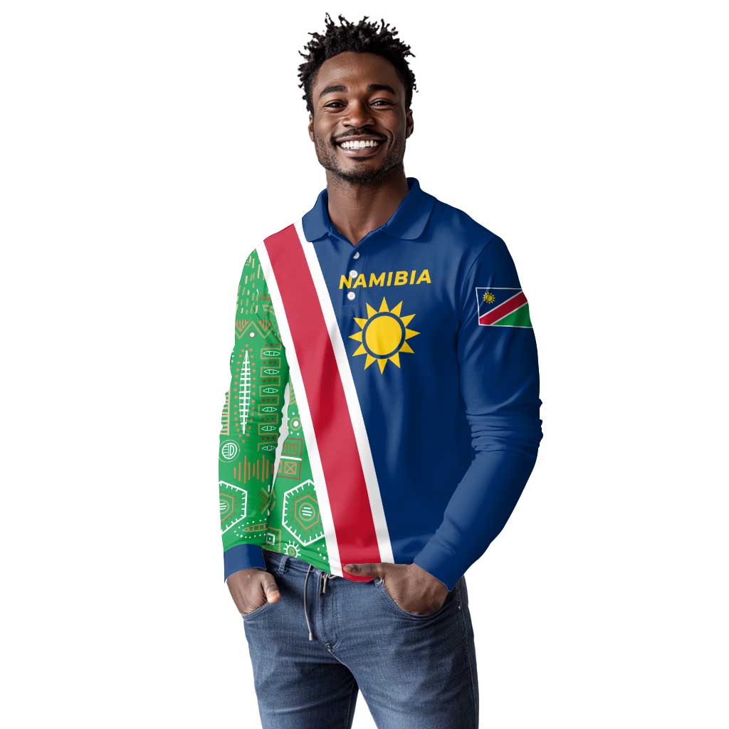 Namibia Gemsbok Long Sleeve Polo Shirt Flag Design with African Patterns