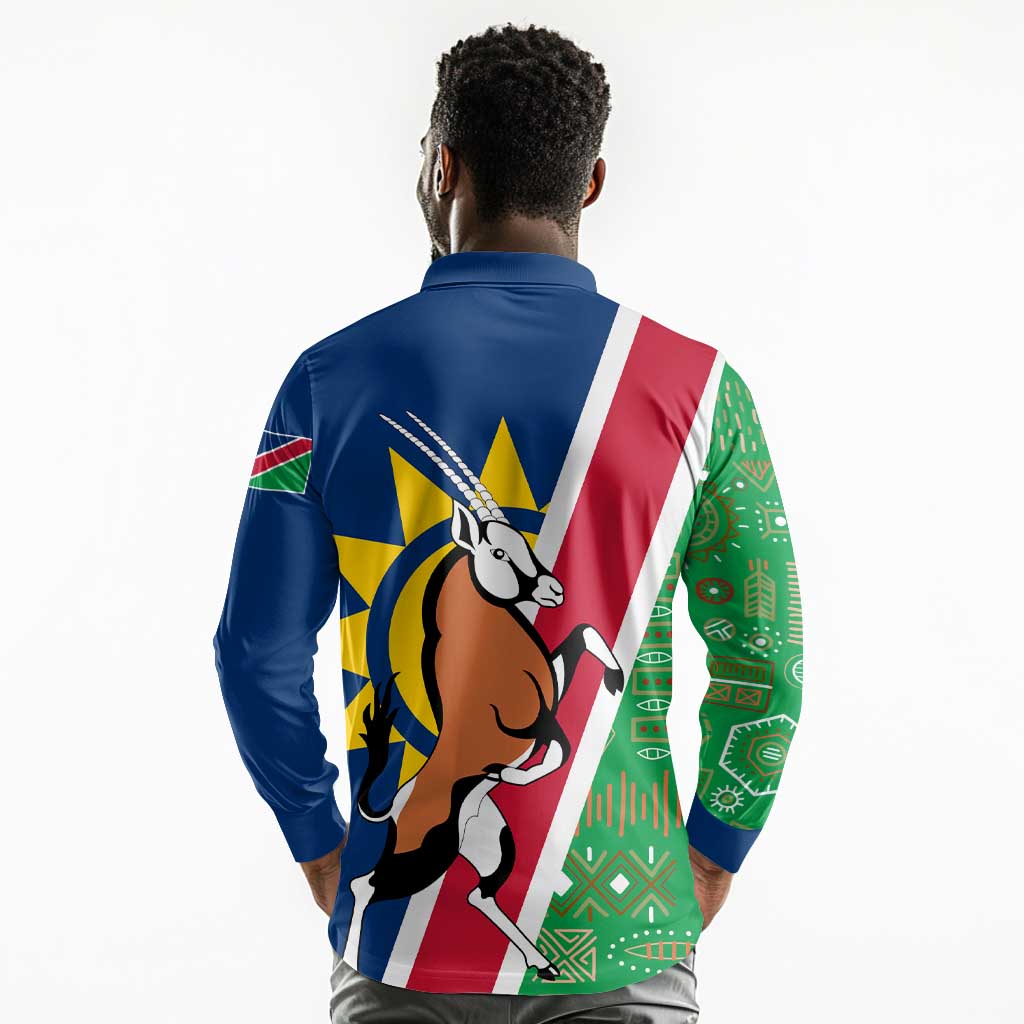 Namibia Gemsbok Long Sleeve Polo Shirt Flag Design with African Patterns
