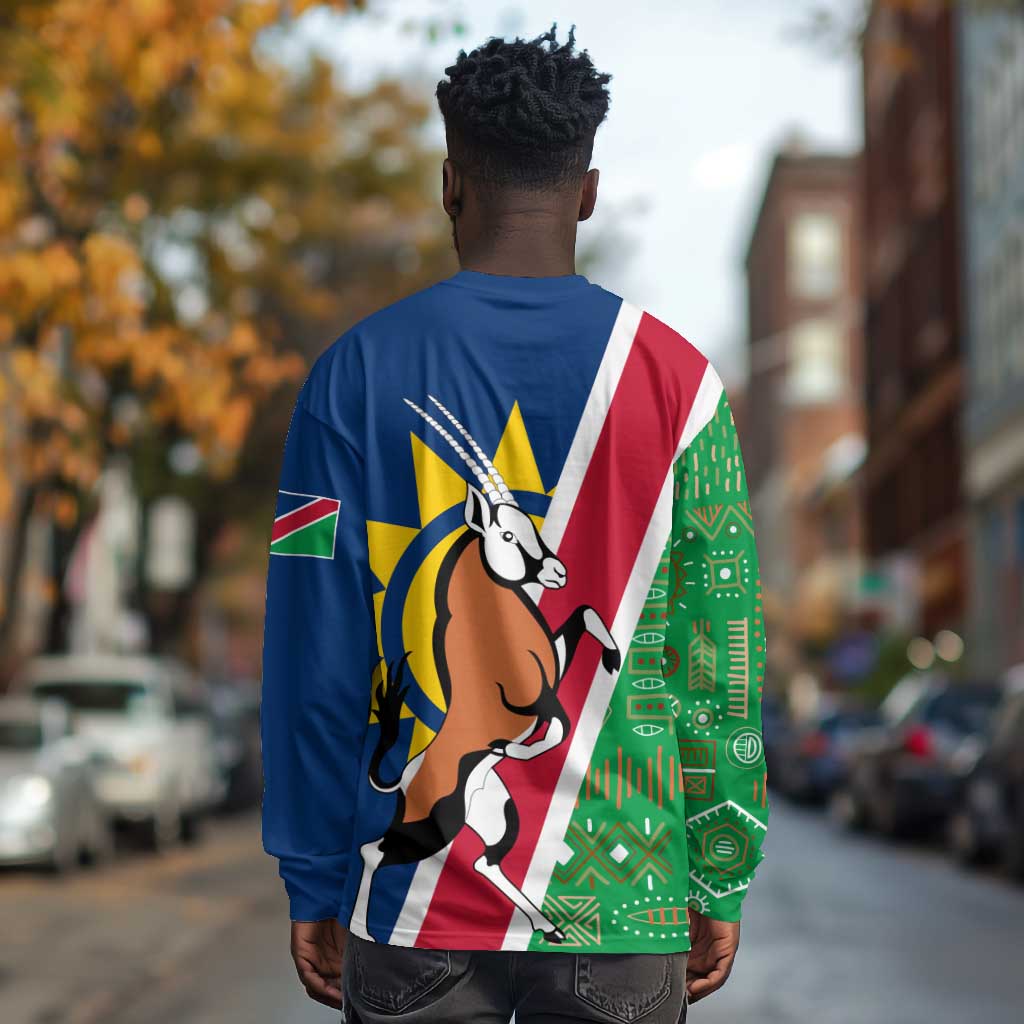 Namibia Gemsbok Long Sleeve Shirt Flag Design with African Patterns