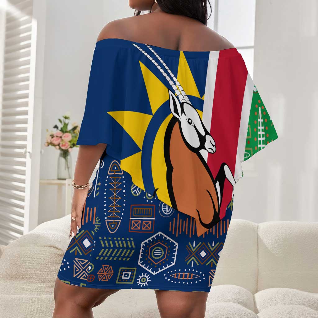 Namibia Gemsbok Off Shoulder Short Dress Flag Design with African Patterns