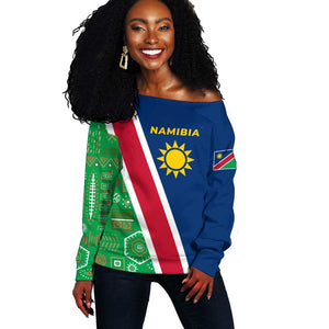 Namibia Gemsbok Off Shoulder Sweater Flag Design with African Patterns
