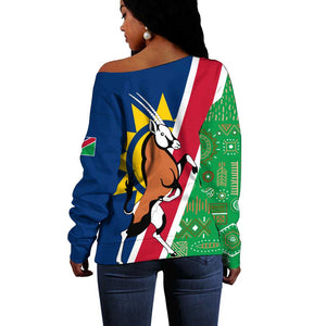 Namibia Gemsbok Off Shoulder Sweater Flag Design with African Patterns