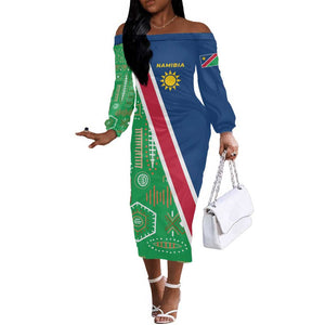 Namibia Gemsbok Off The Shoulder Long Sleeve Dress Flag Design with African Patterns