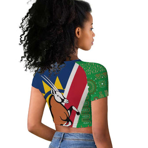 Namibia Gemsbok Raglan Cropped T shirt Flag Design with African Patterns