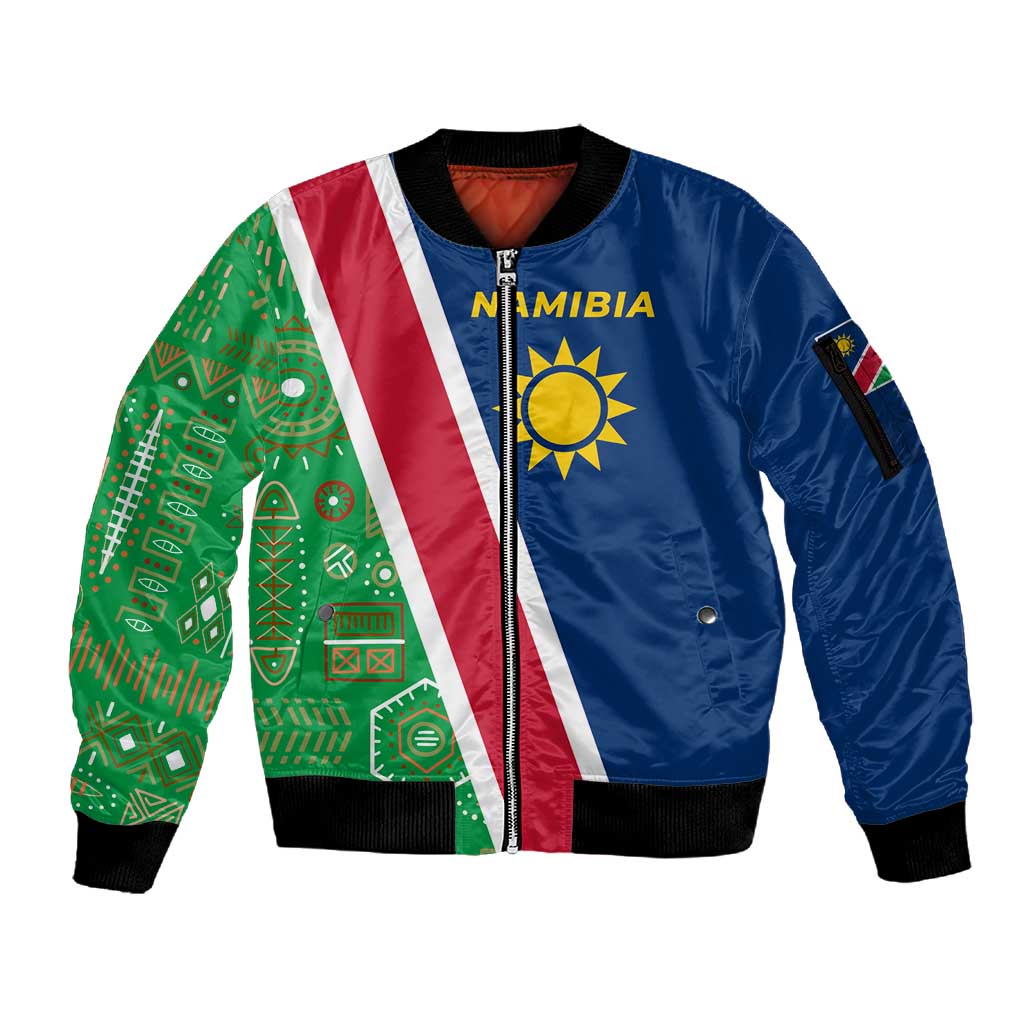 Namibia Gemsbok Sleeve Zip Bomber Jacket Flag Design with African Patterns