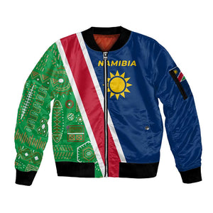 Namibia Gemsbok Sleeve Zip Bomber Jacket Flag Design with African Patterns
