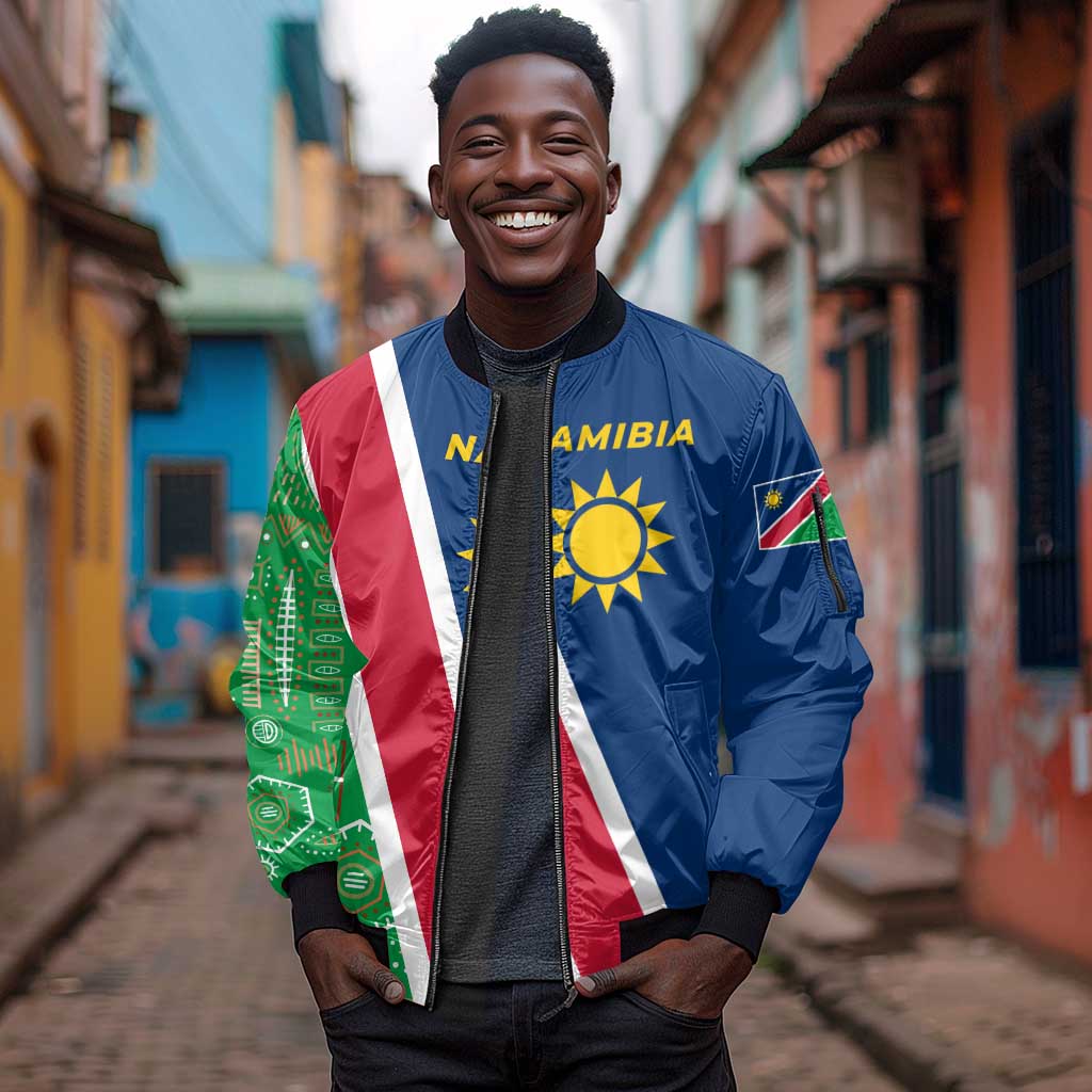 Namibia Gemsbok Sleeve Zip Bomber Jacket Flag Design with African Patterns