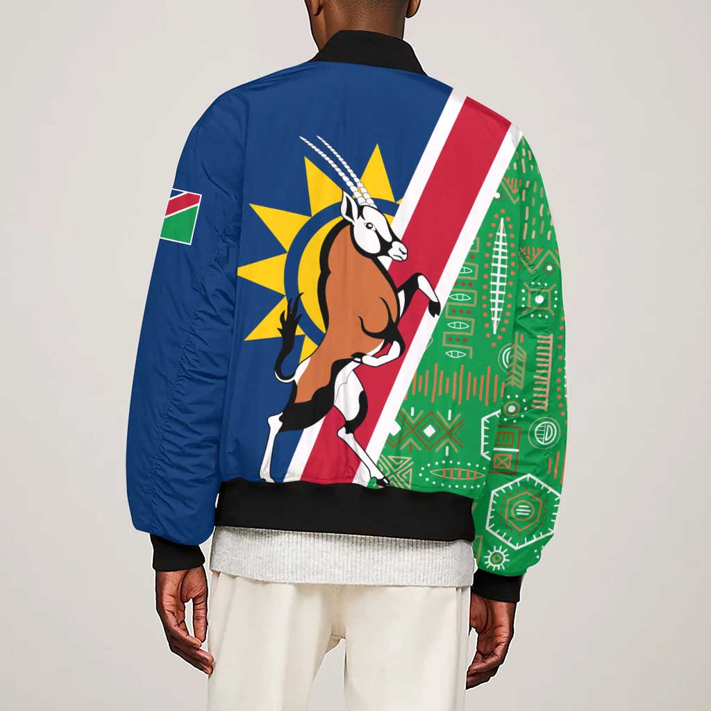 Namibia Gemsbok Sleeve Zip Bomber Jacket Flag Design with African Patterns