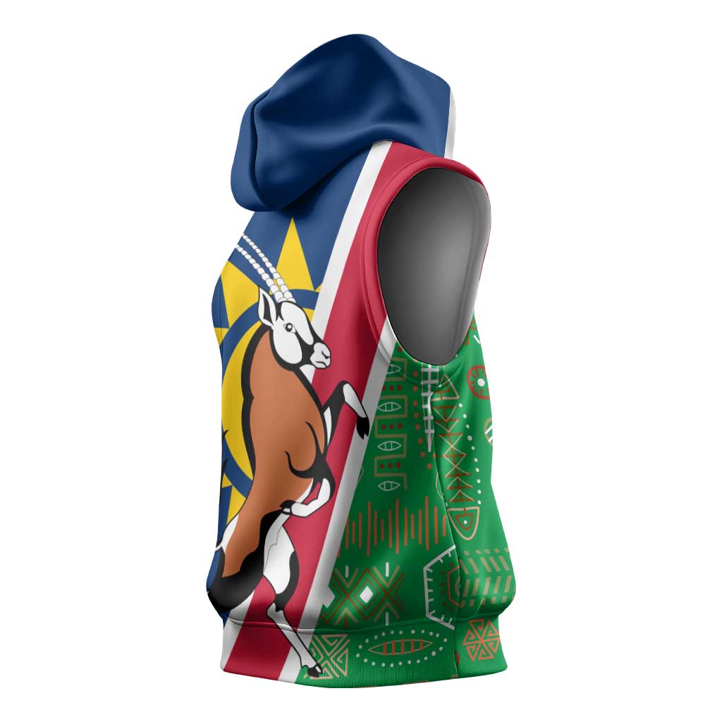 Namibia Gemsbok Sleeveless Hoodie Flag Design with African Patterns - African Pride