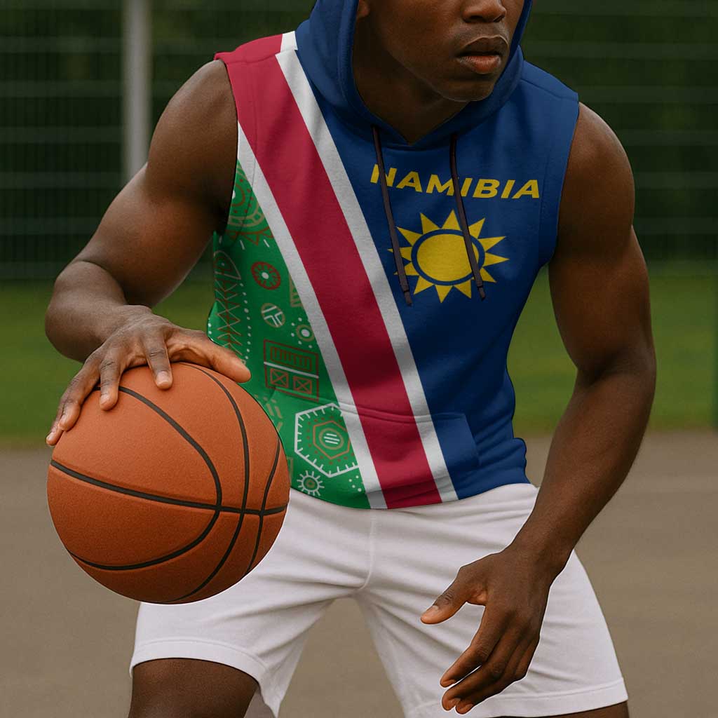Namibia Gemsbok Sleeveless Hoodie Flag Design with African Patterns - African Pride