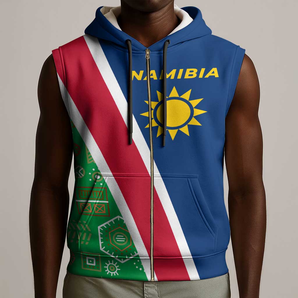 Namibia Gemsbok Sleeveless Zip Hoodie Flag Design with African Patterns - African Pride
