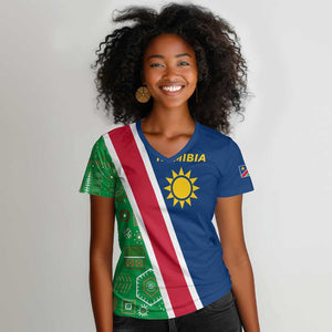 Namibia Gemsbok Women V-Neck T-Shirt Flag Design with African Patterns