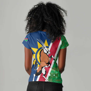 Namibia Gemsbok Women V-Neck T-Shirt Flag Design with African Patterns