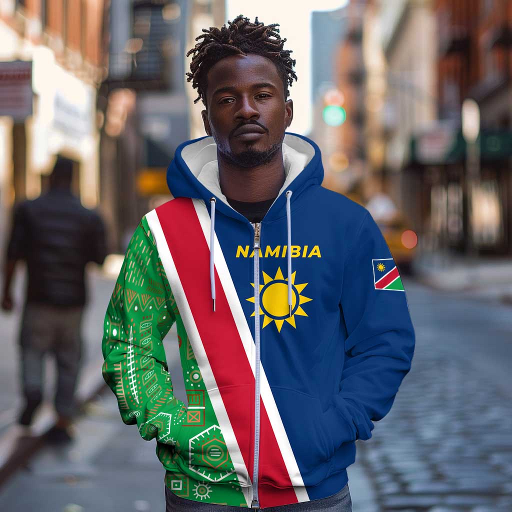 Namibia Gemsbok Zip Hoodie Flag Design with African Patterns