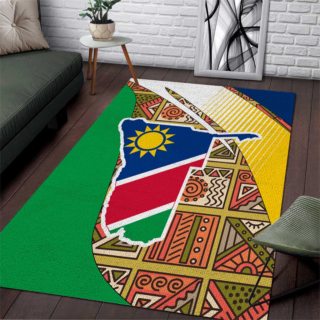 Afro Namibia Map Area Rug National Emblem and Cultural Motif Design