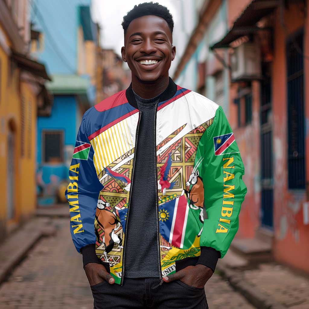 Afro Namibia Map Bomber Jacket National Emblem and Cultural Motif Design