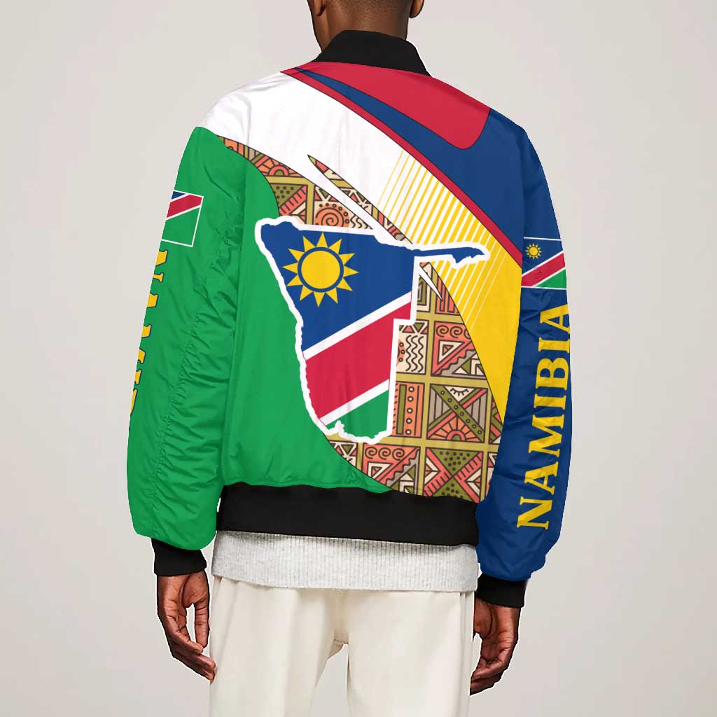 Afro Namibia Map Bomber Jacket National Emblem and Cultural Motif Design