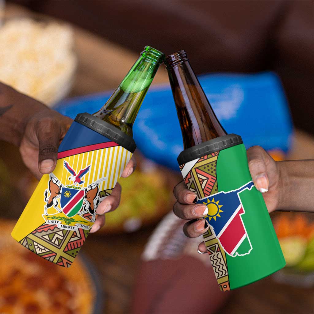 Afro Namibia Map 4 in 1 Can Cooler Tumbler National Emblem and Cultural Motif Design