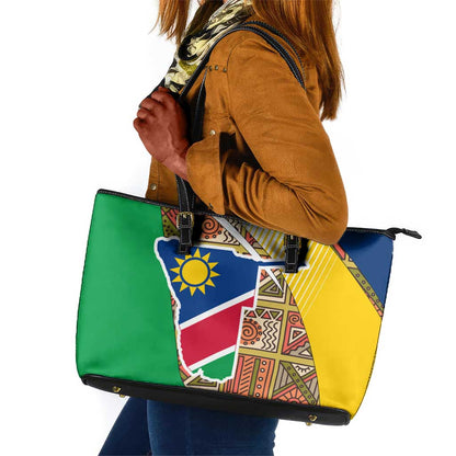 Afro Namibia Map Leather Tote Bag National Emblem and Cultural Motif Design