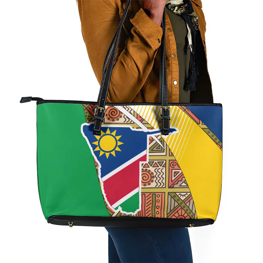 Afro Namibia Map Leather Tote Bag National Emblem and Cultural Motif Design