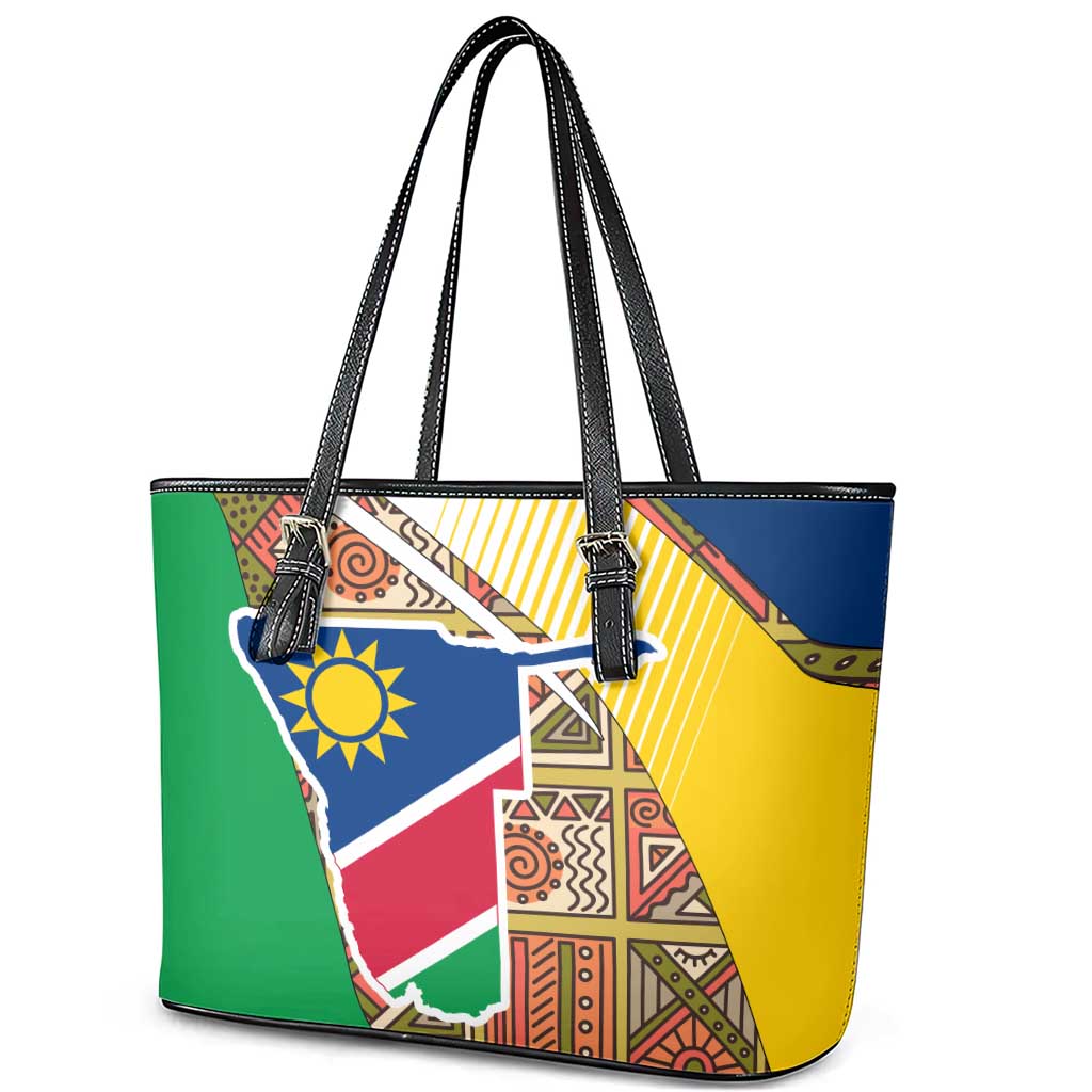 Afro Namibia Map Leather Tote Bag National Emblem and Cultural Motif Design
