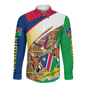 Afro Namibia Map Long Sleeve Button Shirt National Emblem and Cultural Motif Design