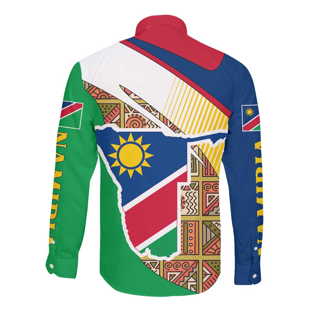 Afro Namibia Map Long Sleeve Button Shirt National Emblem and Cultural Motif Design