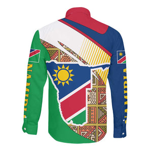 Afro Namibia Map Long Sleeve Button Shirt National Emblem and Cultural Motif Design