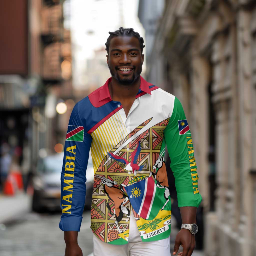 Afro Namibia Map Long Sleeve Button Shirt National Emblem and Cultural Motif Design