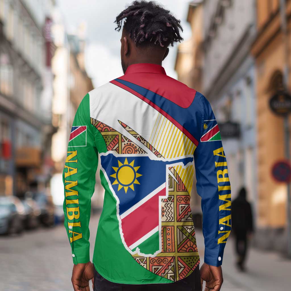 Afro Namibia Map Long Sleeve Button Shirt National Emblem and Cultural Motif Design