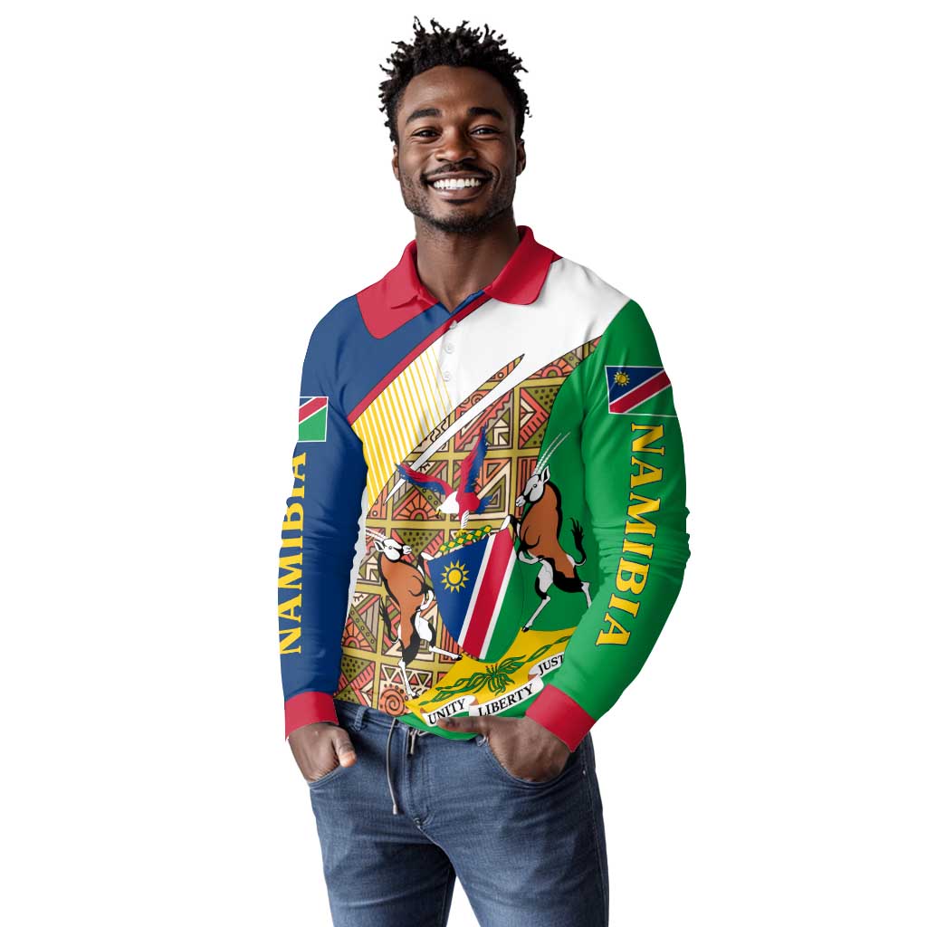 Afro Namibia Map Long Sleeve Polo Shirt National Emblem and Cultural Motif Design