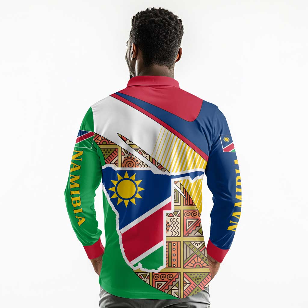 Afro Namibia Map Long Sleeve Polo Shirt National Emblem and Cultural Motif Design