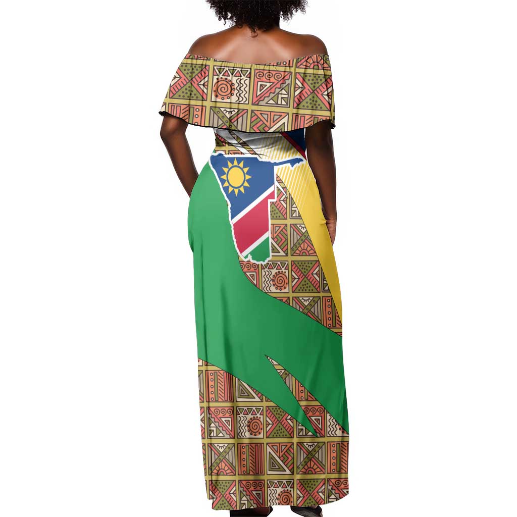 Afro Namibia Map Off Shoulder Maxi Dress National Emblem and Cultural Motif Design