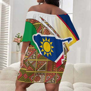 Afro Namibia Map Off Shoulder Short Dress National Emblem and Cultural Motif Design