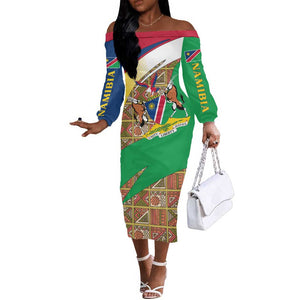 Afro Namibia Map Off The Shoulder Long Sleeve Dress National Emblem and Cultural Motif Design