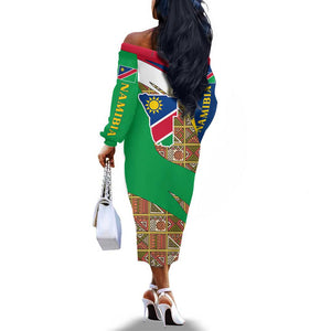 Afro Namibia Map Off The Shoulder Long Sleeve Dress National Emblem and Cultural Motif Design