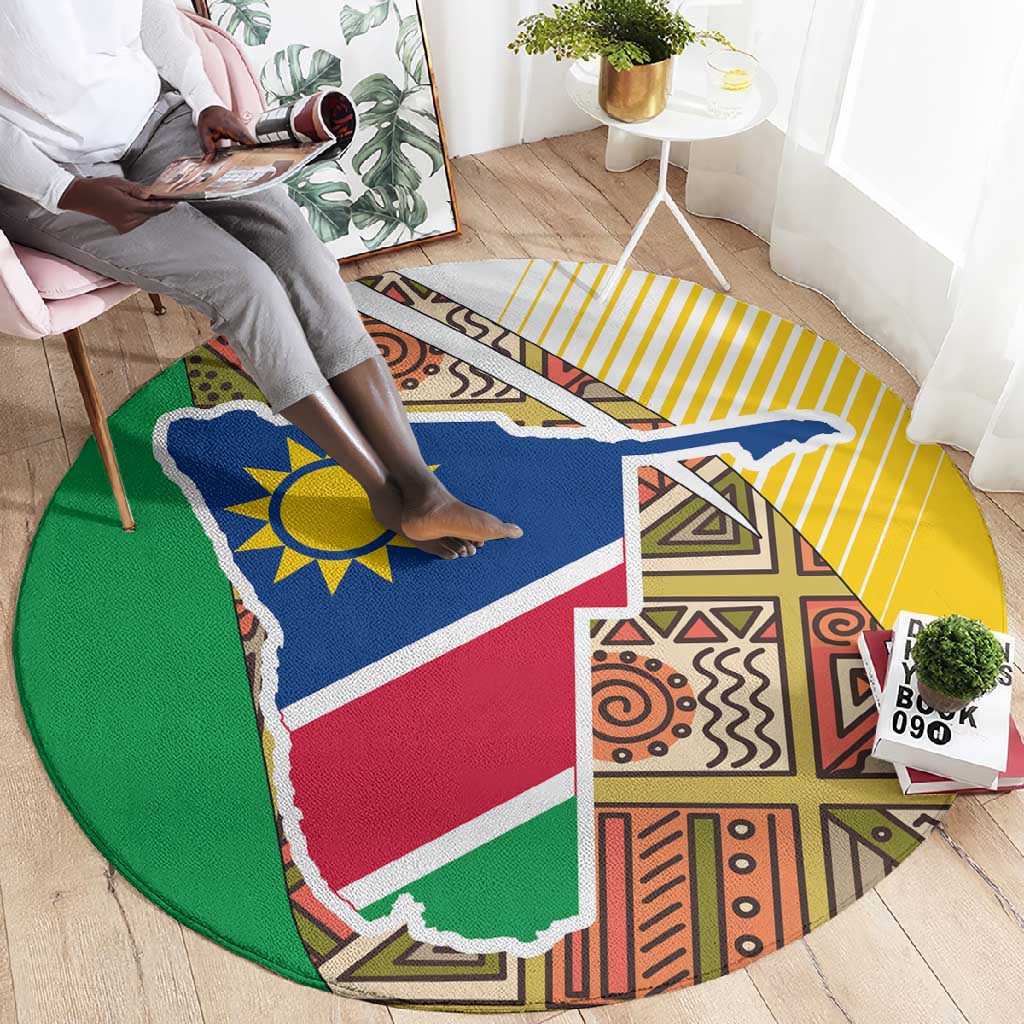Afro Namibia Map Round Carpet National Emblem and Cultural Motif Design
