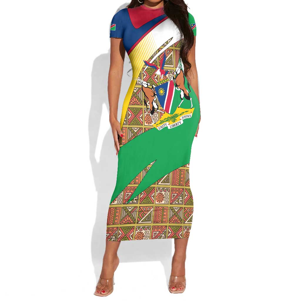 Afro Namibia Map Short Sleeve Bodycon Dress National Emblem and Cultural Motif Design TS04