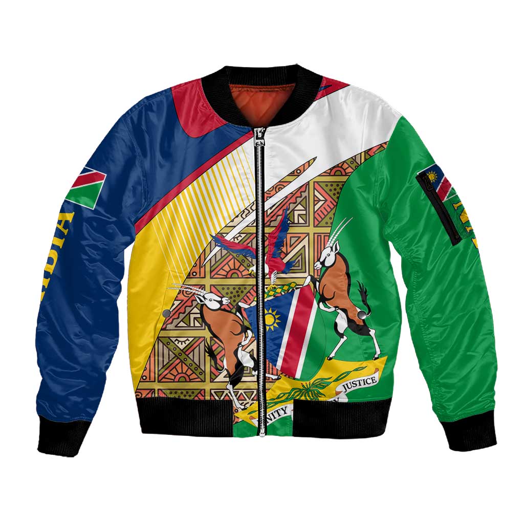 Afro Namibia Map Sleeve Zip Bomber Jacket National Emblem and Cultural Motif Design